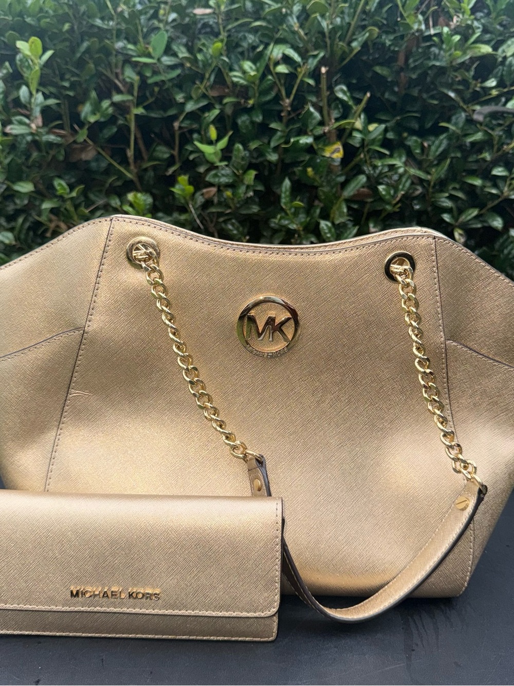 Michael Kors Metallic Gold Saffiano Chain-Handle Tote with Wallet